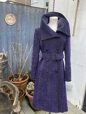 Jasper Conran Size 8 Flock Velvet Coat Purple Black & Belt Double Breasted