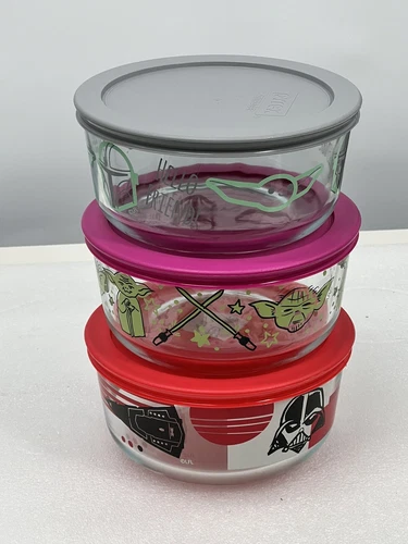 3 ct Lot Pyrex Star Wars Glass 4-Cup Storage Bowl Container Dish Yoda Lightsaber