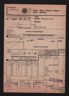 Frachtbrief 1958, Märkische Steinkohlengewerks. von RECKLINGHAUSEN nach BENTHEIM