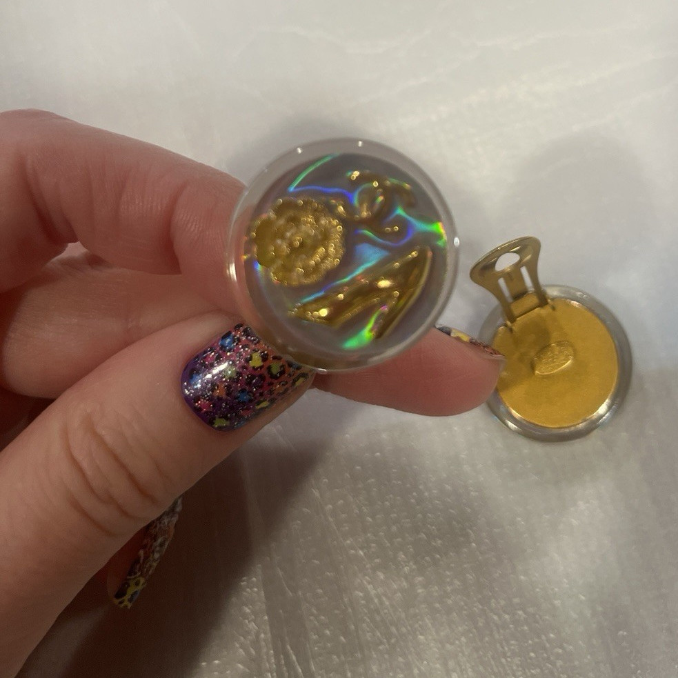 Authentic Chanel Logo Round Clip-On Stud Earrings Gold/Resin Iridescent Signed