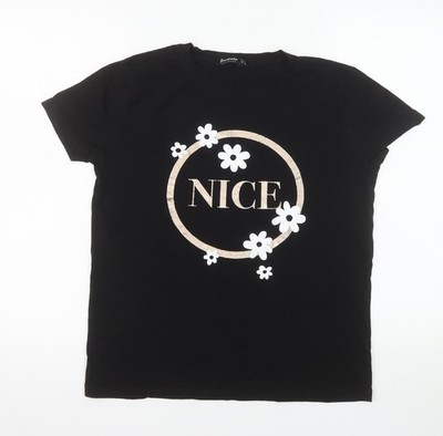 Stradivarius Damen schwarz Baumwolle Blumenmuster schöner Druck T-Shirt Größe 8