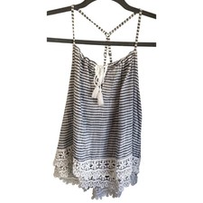 Abercrombie Fitch Blue White Striped Boho Lace Hem Tank Top Tassel Halter