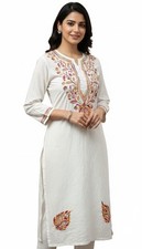 Women  s White Cotton Kurti with Multicolor Embroidery  Ethnic Long Tunic