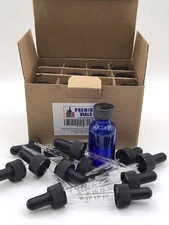 1oz Boston Round Blue Bottles with Cone Caps & Dropper Vials 12 Count NEW