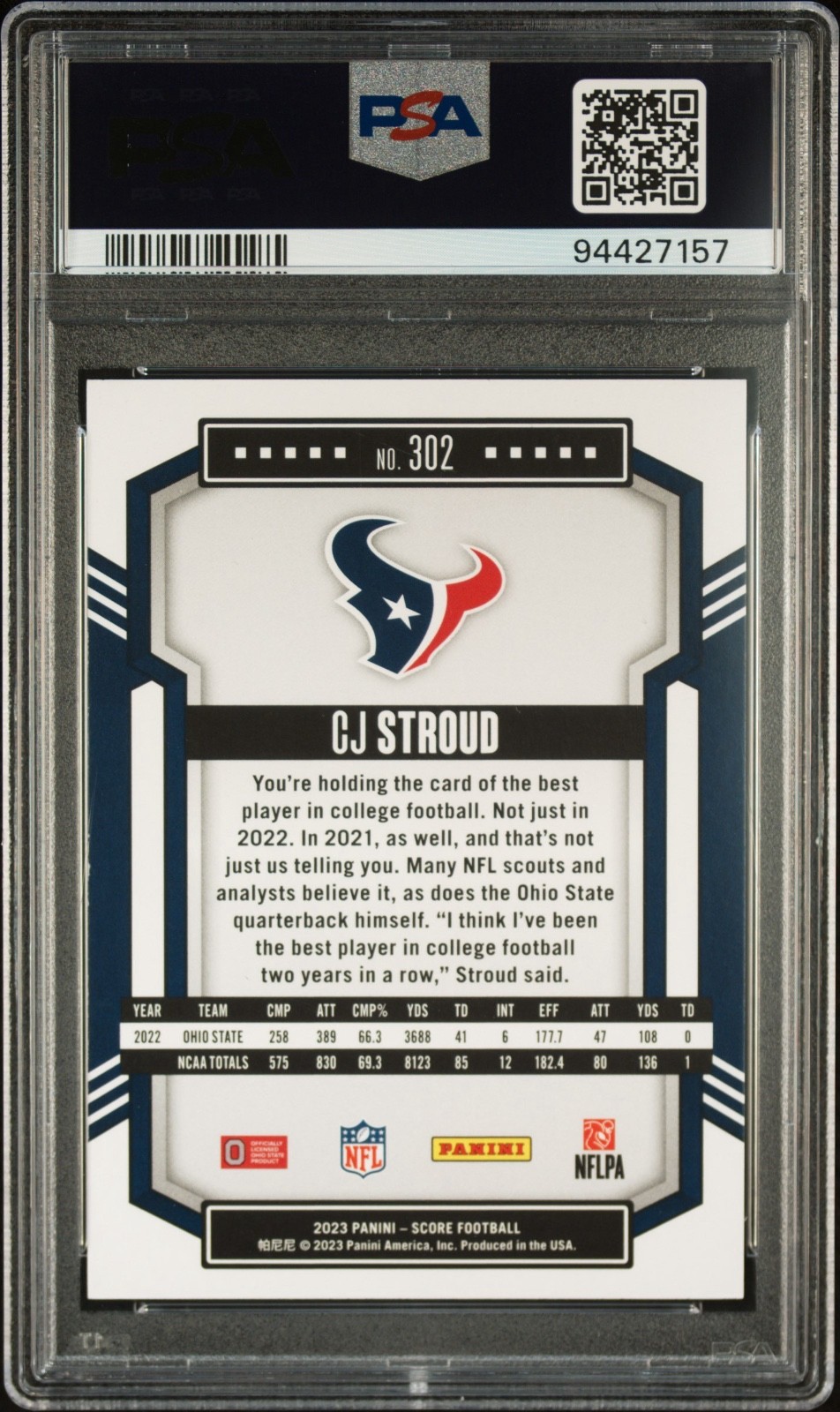 2023 Score Rookies CJ Stroud #302 PSA 8 Rookie RC view 2