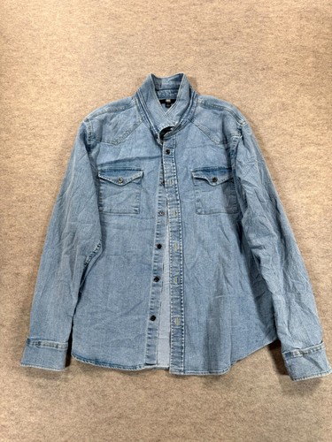 Frye, Vintage Frye Shirt Mens Large Blue Denim Cotton Stretch Flap Pockets Casual Wear