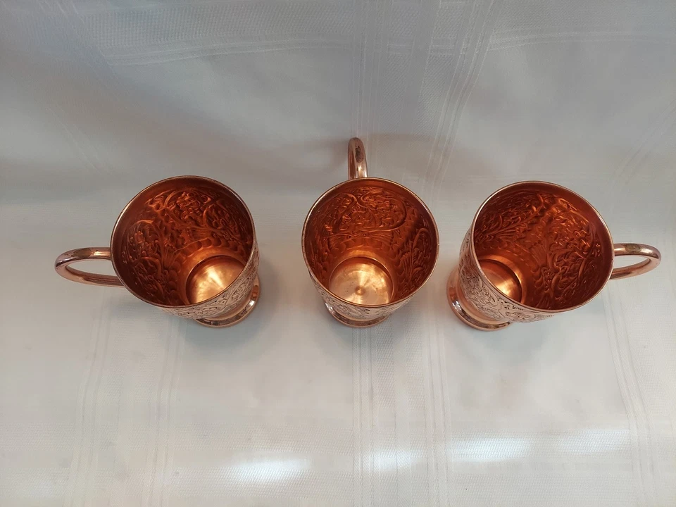 Set Of 3 Beautiful Used Kamojo Moscow Mule Copper Mugs Embossed (U15) - Image 3 of 4