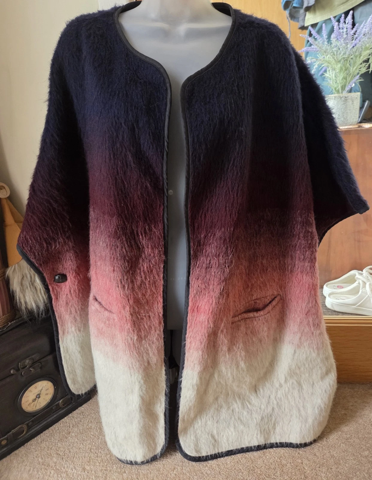 M&S INDIGO ~ Alpaca Wool Blue Pink Ombre Wool Mix Poncho Waistcoat Size 16/18