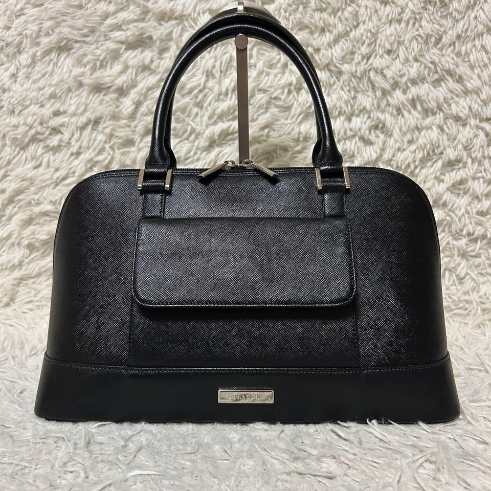 Burberry Handbag Flap Front Silver Hardware Saffiano Leather Black Women's Auth