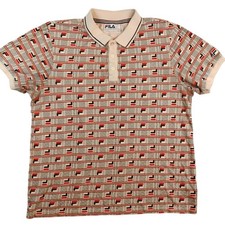 Fila Polo Shirt Mens Large Beige Red Black All Over Monogram Logo Print Cotton