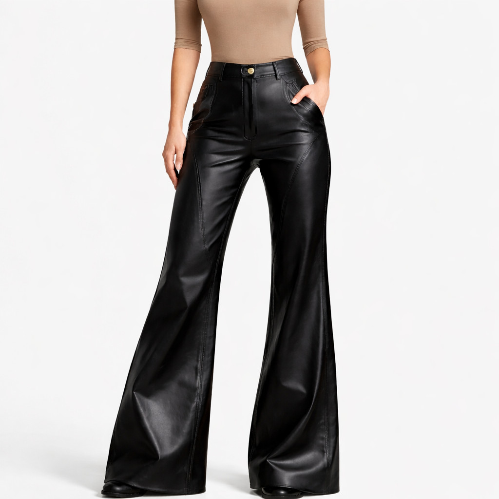 Pantalones de pierna ancha de cuero negro de cintura alta para mujer - fondo acampanado con estilo