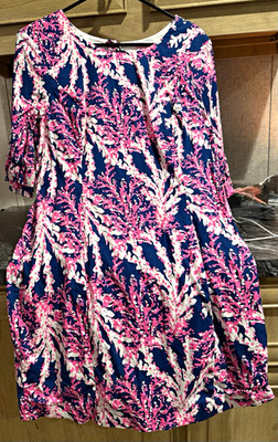 Lilly Pulitzer Shift Dress 12 Pink Blue White Floral Ruffle Bell 3/4 Sleeve
