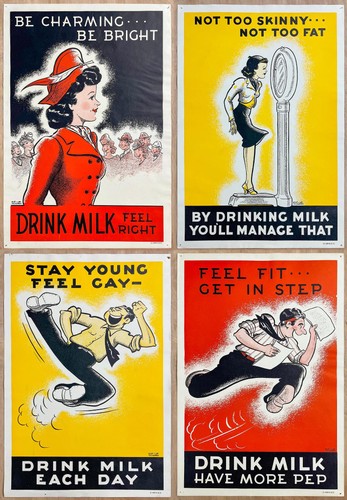 1939 National Dairy Council Drink Milk Poster Group of 4 Milt Youngren Vintage