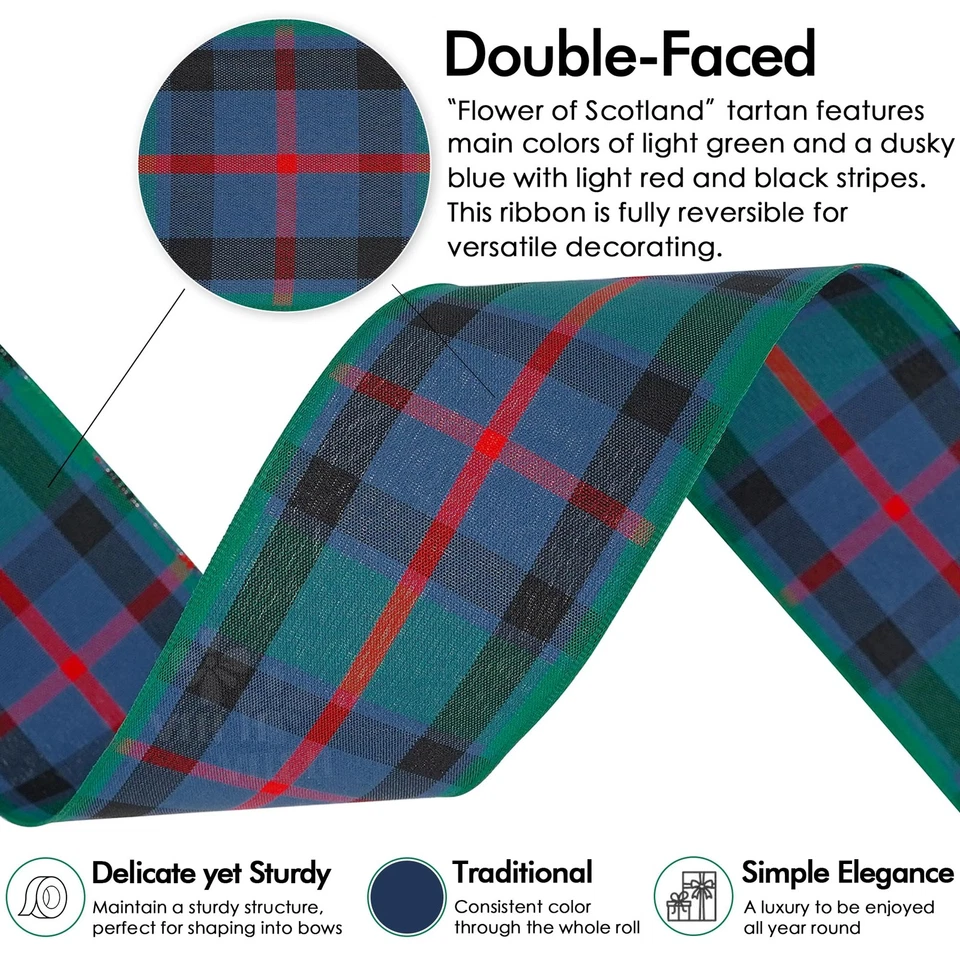 Flower of Scotland Tartan Ribbon 2.5 inch with 25 Yards Gingham Check in Gree... - Image 3 of 4