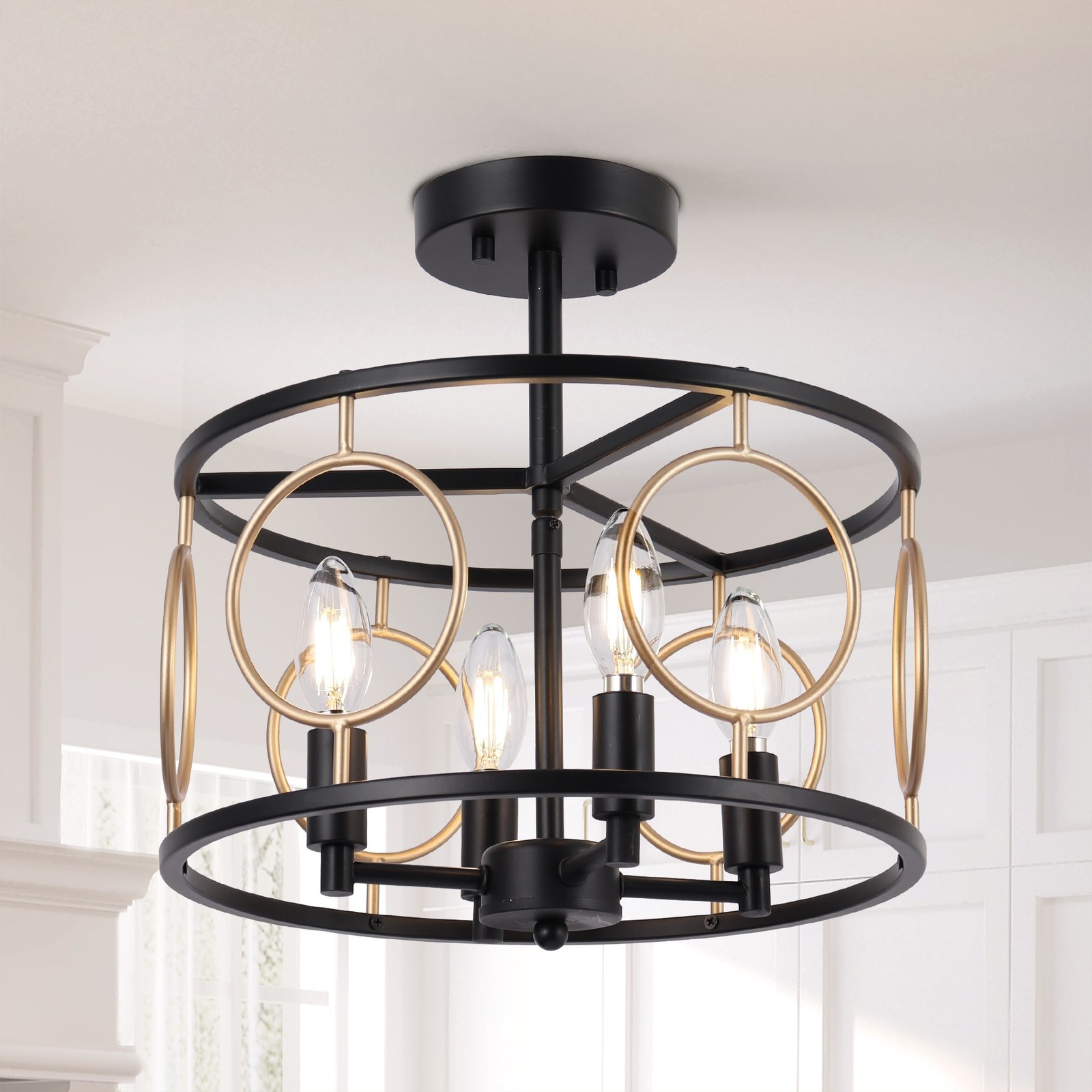 Zenith Modern Farmhouse 4-Light Black Drum Semi-Flush Mount Ceiling Light