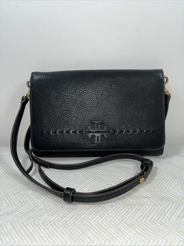 Portafoglio Tory Burch McGraw piatto pelle ciottolata tracolla nero pochette oro