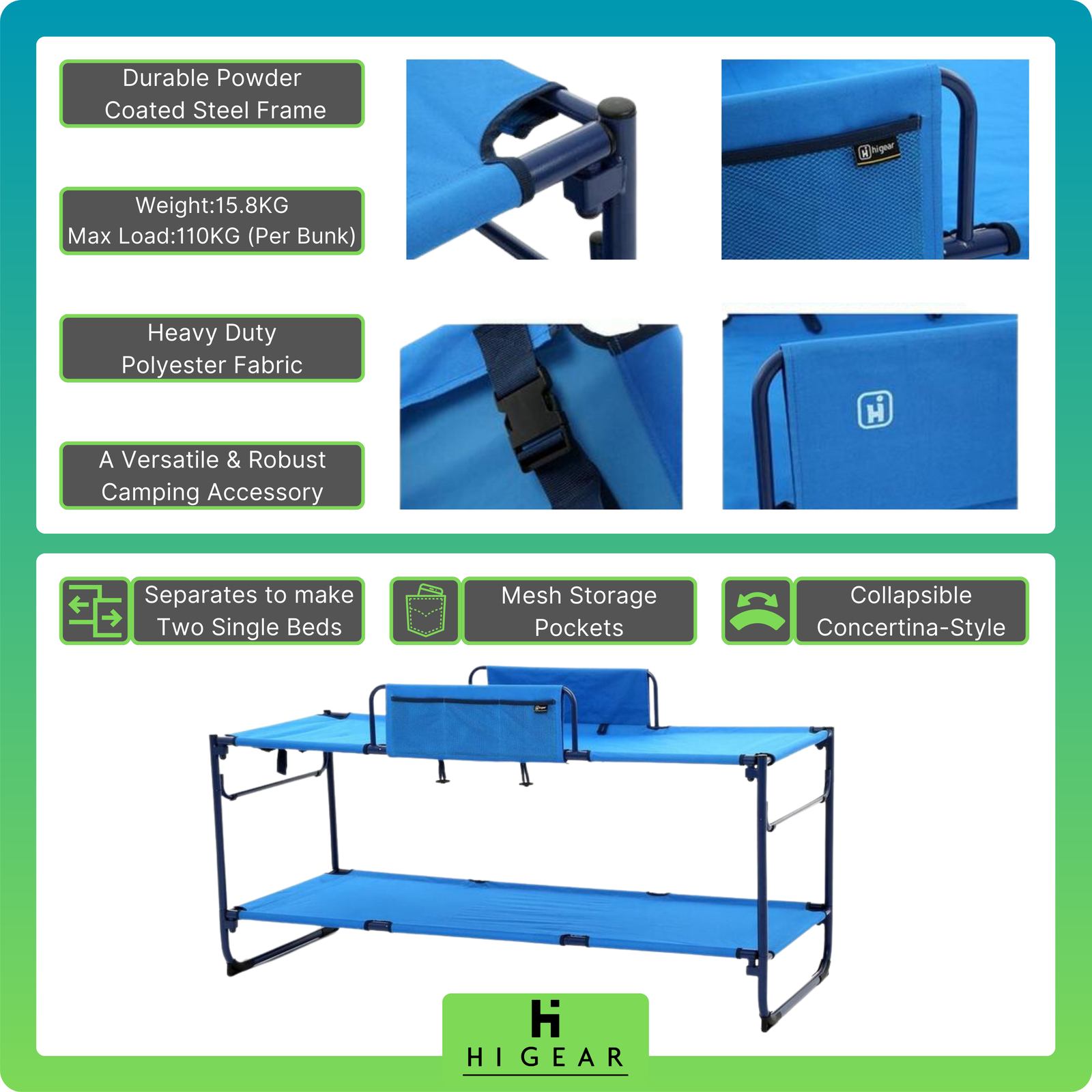 HIGEAR Duo Portable Camping Bunk Bed with Steel Frame, Camping