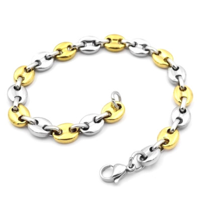 BRACELET HOMME ACIER ET PLAQUÉ OR ET ACIER GRAIN DE CAFÉ 21CM 8mm PAS CHER 0006