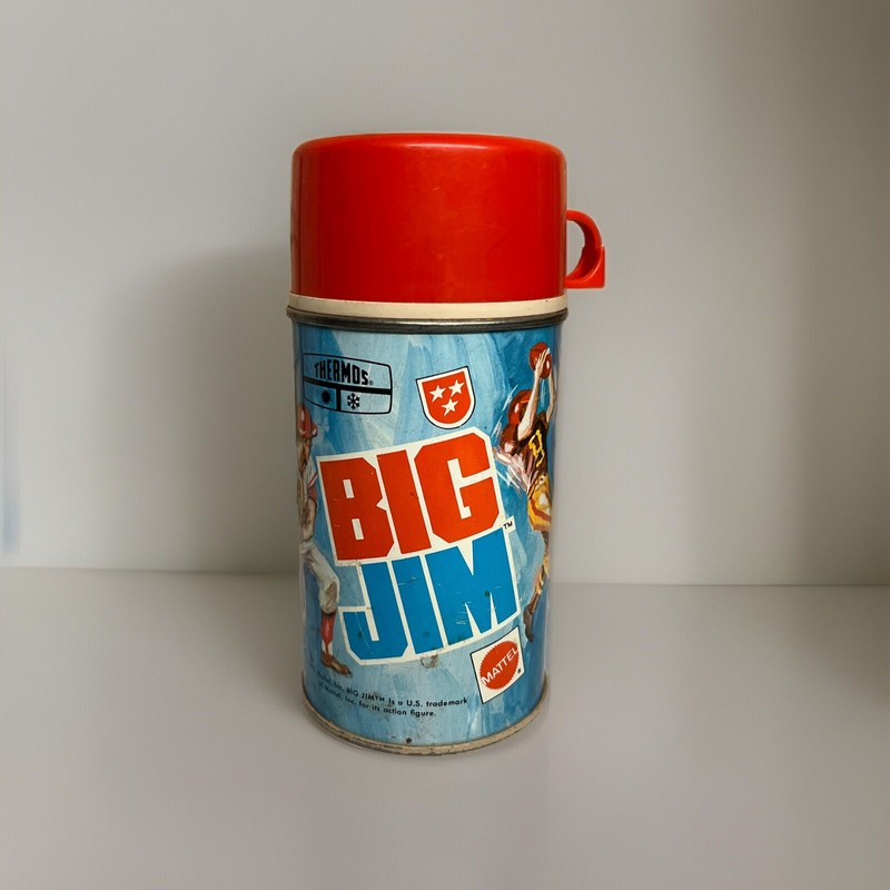 1972 Big Jim Thermos For Lunchbox Mattel Sport Action Man Fig Vintage Tin w/ Cap