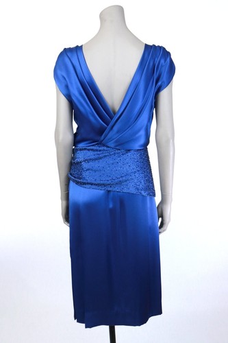 Vintage 1980s 80s Victoria Royal Ltd Low Back Blue Silk Beaded Cocktail Dress S - Picture 10 of 14