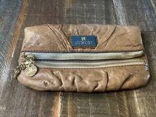GUSTTO SOFT BROWN LEATHER FLAP FOLD OVER LOGO CLUTCH HANDBAG PURSE