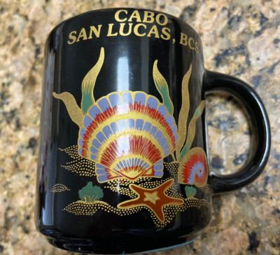 Nice Vintage Cabo San Lucas BCS Black Sea Shells Beach Ceramic Coffee Mug Rare