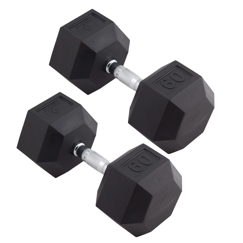 Body Sport Rubber Encased Hex Dumbbell Weight – Exercises – 60 lb Pair