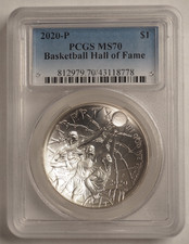 2020-P PCGS MS70 Basketball Hall Of Fame Silver Modern Commemorative Dollar