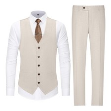 Men's Casual Linen Suit Set 2 Piece Slim Fit Wedding Suits Prom Groomsmen Sui...