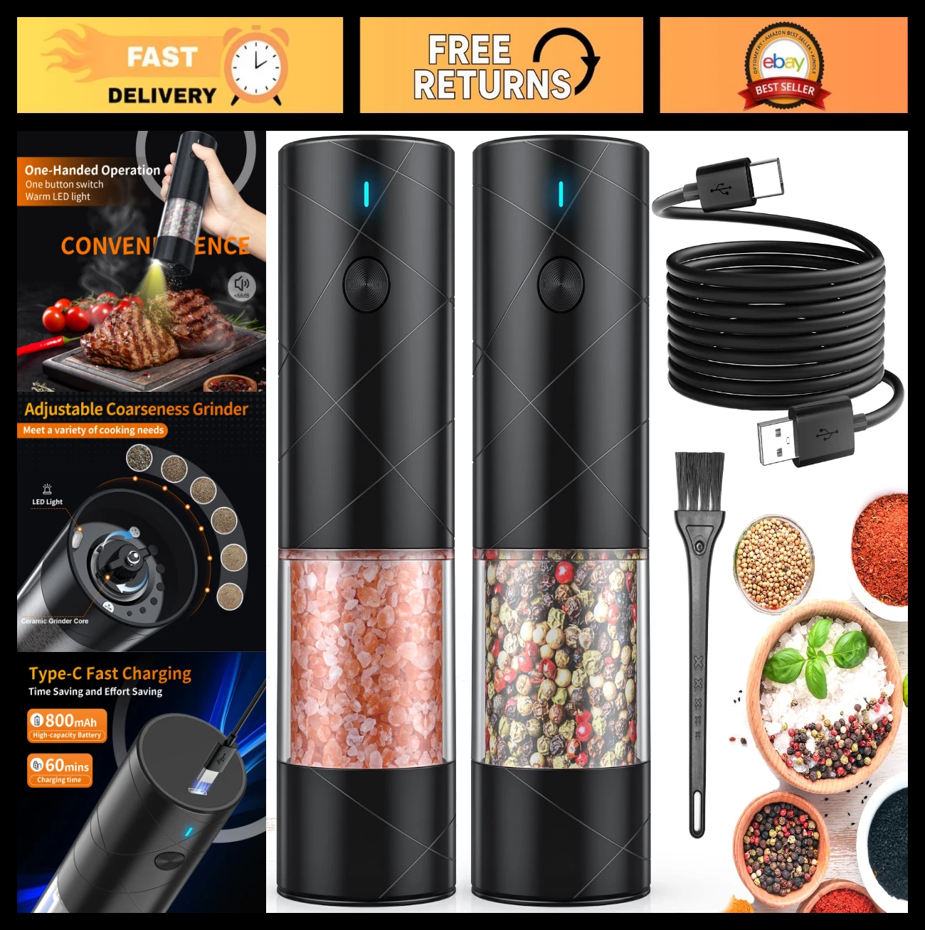 2-Pack USB Rechargeable Electric Salt & Pepper Grinder Set with LED Light, Adjus