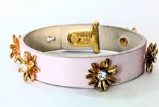 KATE SPADE Dazzling Daisies Pink Leather Gold Crystal Flower Bracelet 7.5"
