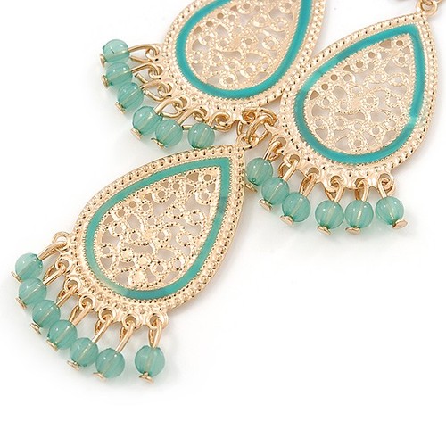 Long Lightweight Filigree, Pale Green Bead Chandelier Earrings In Gold Tone - - Picture 4 of 4