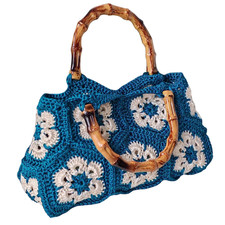 Handmade Crochet Granny Square Tote Bag With Bamboo Style Handle Woven Shoulder