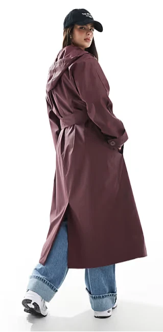 ASOS Design Rubberised Rain Hooded Trench Coat Ladies Burgundy Size Large 16-18 - Image 3 of 4