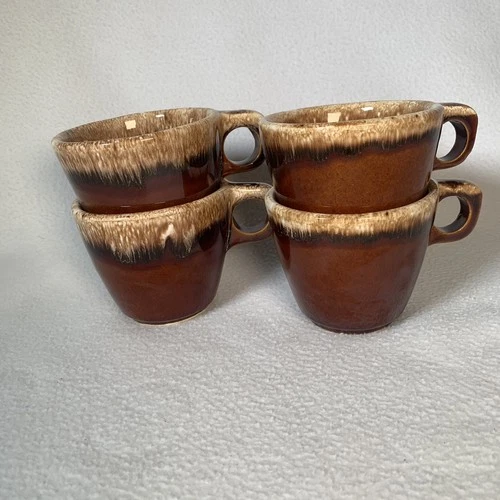Set Of 4 Vintage Hull Pottery Oven Proof USA Brown Drip Glaze Coffee Mugs Cups