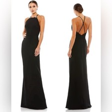 Mac Duggal Ieena 26618 bow halter criss-cross column crepe gown Size 14 NWT