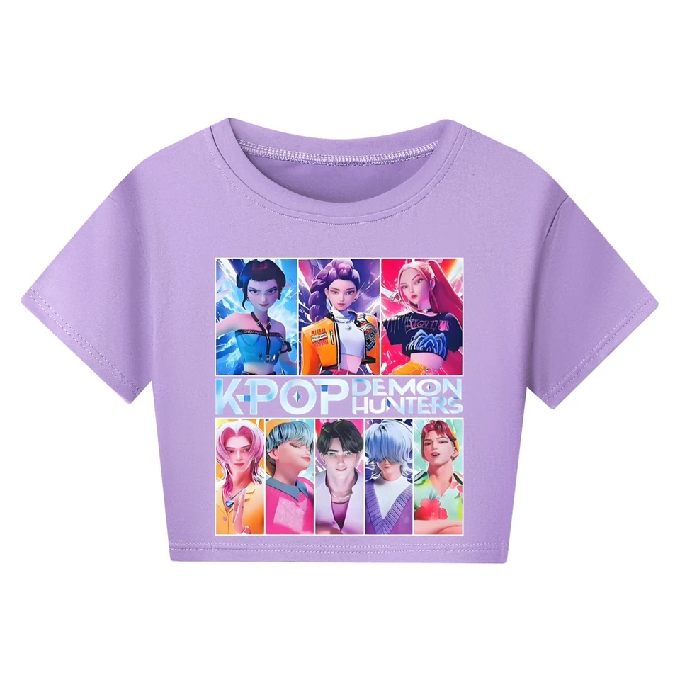 Girls Devil Hunters Crop Top Tee Kids Casual Kpop Music Short Sleeve T-Shirts - Image 2 of 4