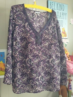 WOW~Metro7 Women 22W/24W Paisley Polyester Sheer Plum Top~54'' Bust~LS~Beads~EXC!