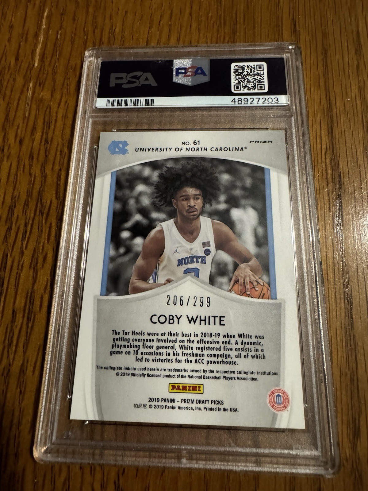 Coby White 2019-20 Panini Prizm DP Crusade Blue Wave /299 RC PSA 9 MT view 2