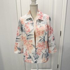 Alfred Dunner Peach White Floral Blazer Size 8 Open Front 3/4 Sleeve Springtime