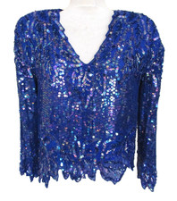 Vintage O.R. Silk Sequin Top Small Women Blue Disco Fairy Glam NWT Old Stock