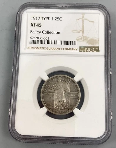 1917 Type-1 US 90% Silver Standing Lib 25c NGC XF45 Bailey Collection L24249