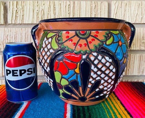 Lg MEXICAN TALAVERA Folk Art POTTERY FLOWER POT PLANTER CERAMIC #1 - Picture 2 of 11