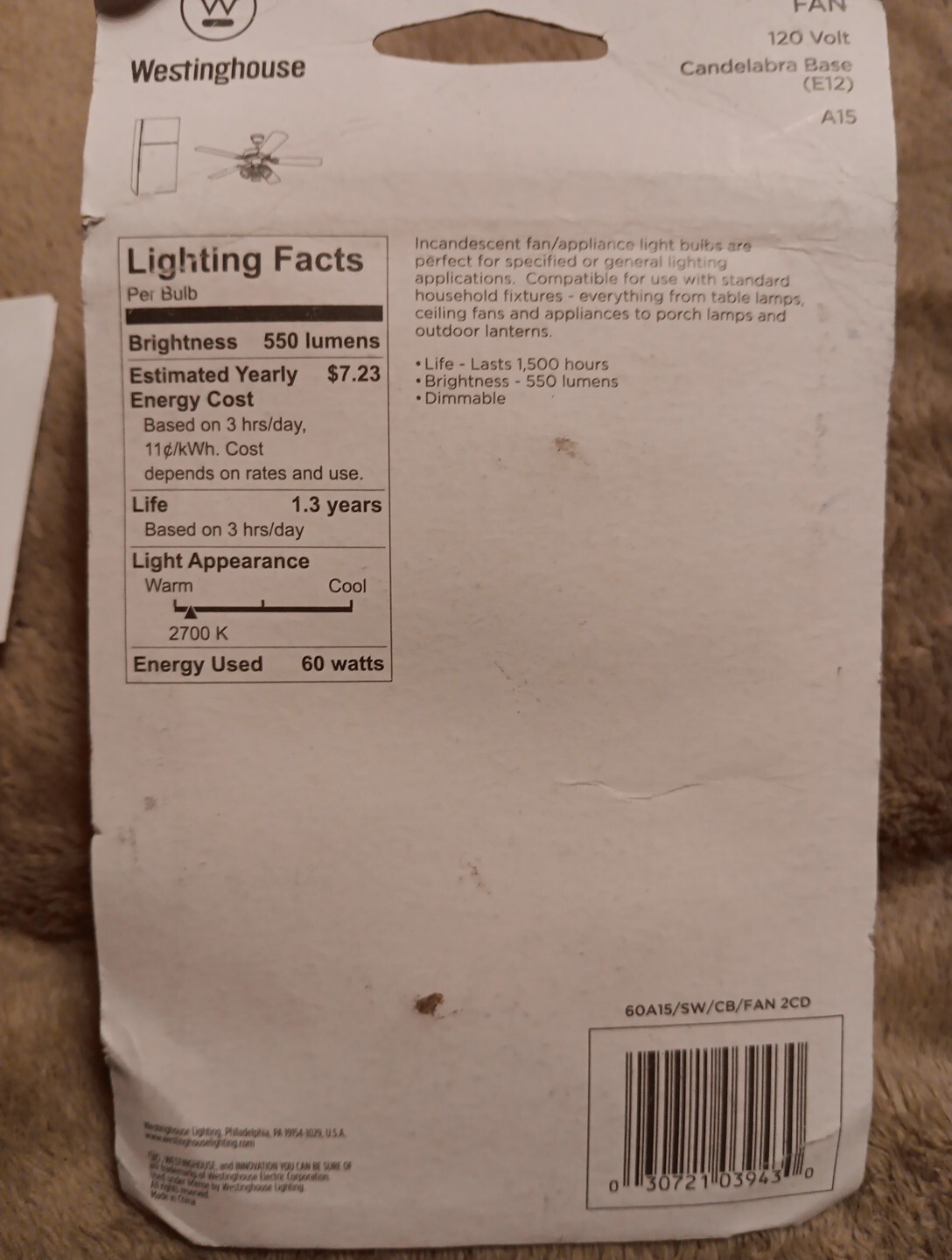 4 Westinghouse 60W Candelabra Brass Base White Ceiling Fan Bulbs