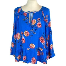 Loft Beach Womans Blouse Size L Blue Floral Peasant Beachy 