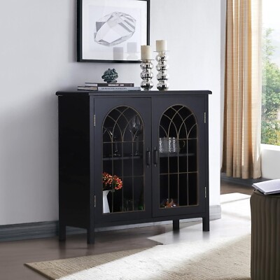 Distressed Accent Storage Display Cabinet Buffet Sideboard w/ Hollow Carved Door