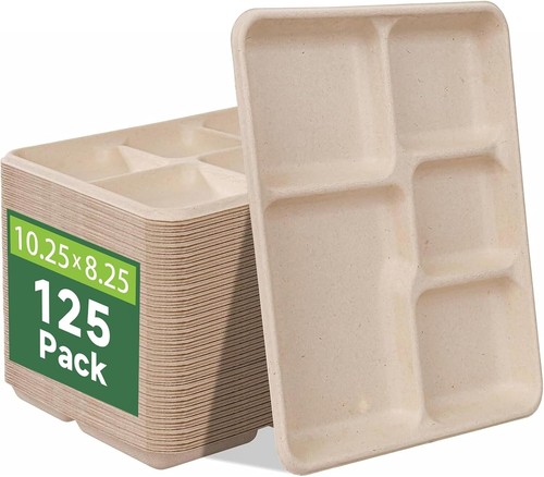 100% Compostable 5 Compartment Paper Plates, 125 Pack Heavy Duty Disposable Scho - Picture 14 of 24