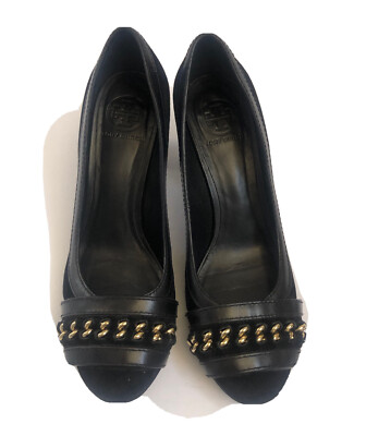 Tory Burch Shoes Black Leather Suede Heels Size 9 Close Toe