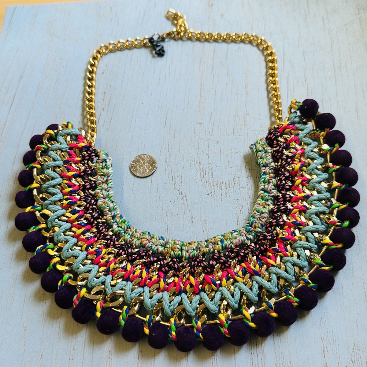 Gold MGB Crochet Pom Pom Boho Statement Necklace