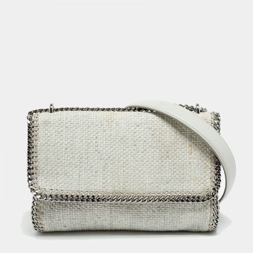 Stella McCartney Falabella Flap Grey Leather and Raffia Shoulder Bag